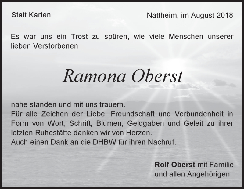  Traueranzeige für Ramona Oberst vom 02.08.2018 aus Heidenheimer Zeitung