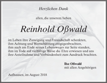 Traueranzeige von Reinhold Oßwald 