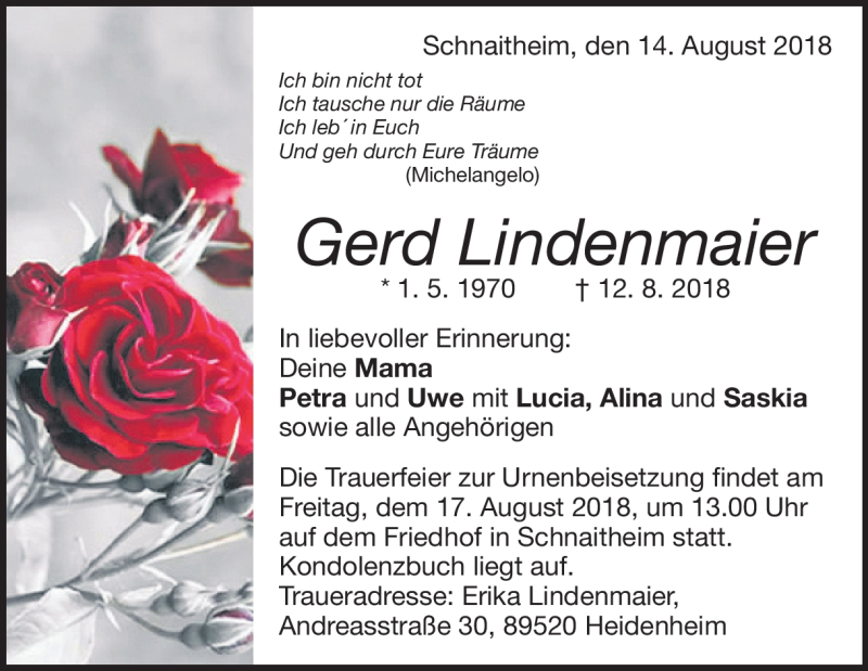  Traueranzeige für Gerd Lindenmaier vom 14.08.2018 aus Heidenheimer Zeitung
