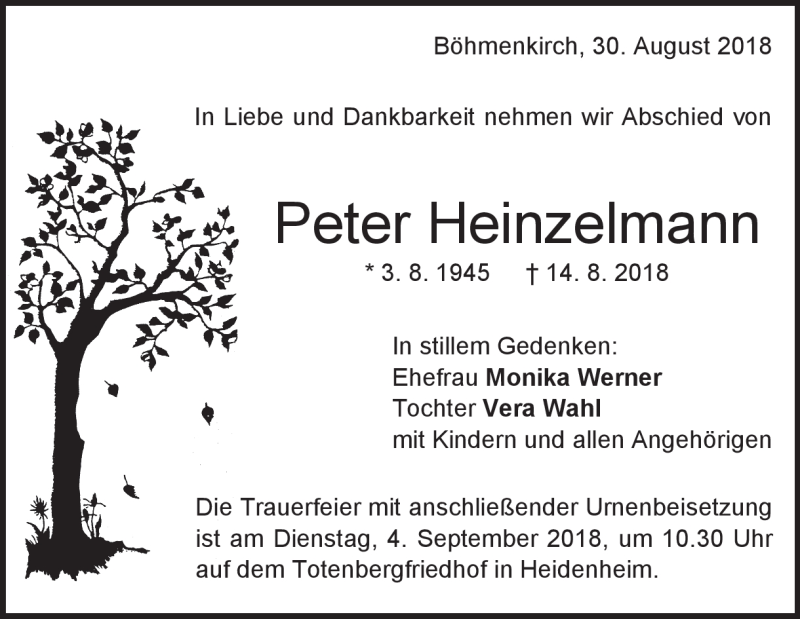  Traueranzeige für Peter Heinzelmann vom 30.08.2018 aus Heidenheimer Zeitung
