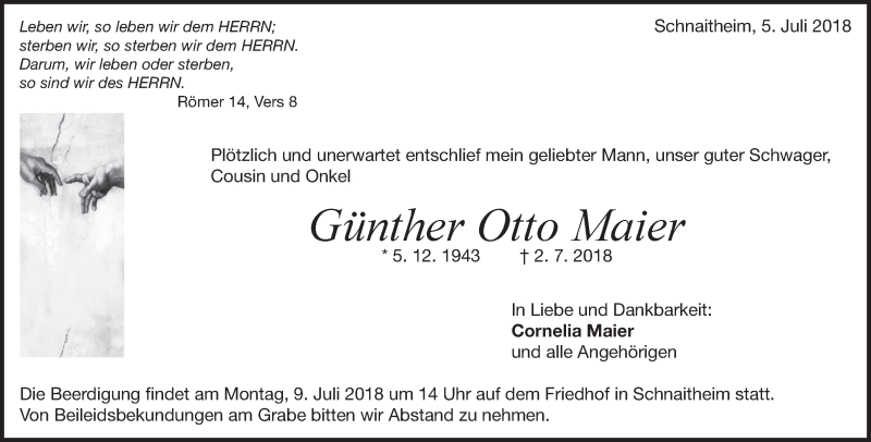  Traueranzeige für Günther Maier vom 05.07.2018 aus 