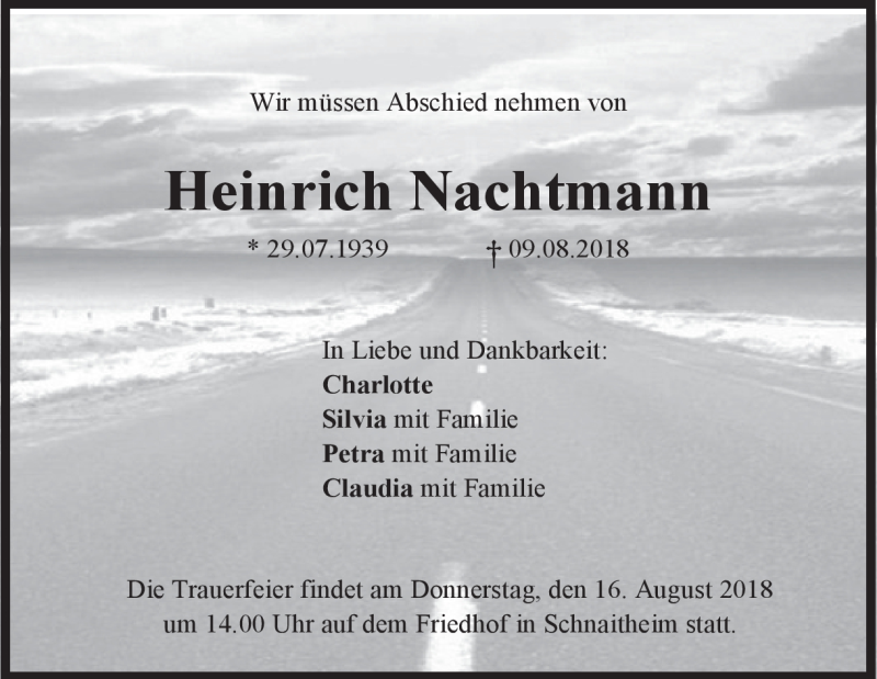  Traueranzeige für Heinrich Nachtmann vom 14.08.2018 aus Heidenheimer Zeitung