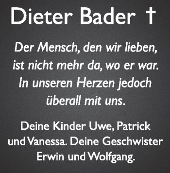 Traueranzeige von Dieter Bader von Heidenheimer Zeitung