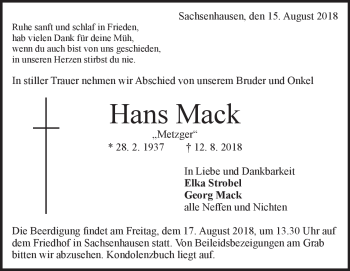 Traueranzeige von Hans Mack von Heidenheimer Zeitung
