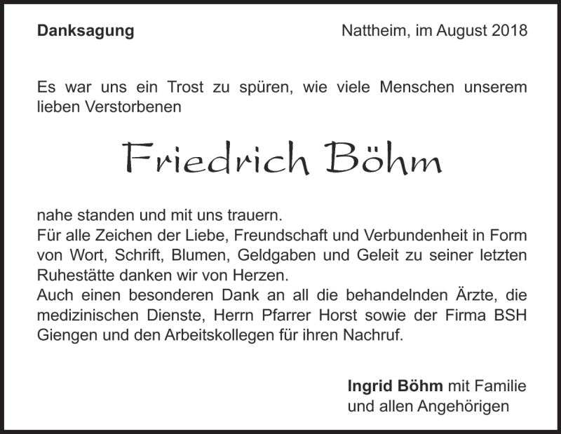  Traueranzeige für Friedrich Böhm vom 30.08.2018 aus Heidenheimer Zeitung