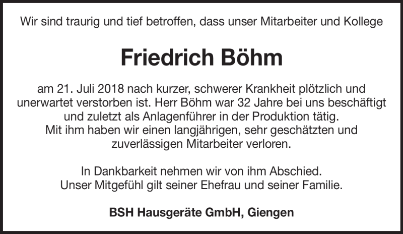  Traueranzeige für Friedrich Böhm vom 08.08.2018 aus Heidenheimer Zeitung