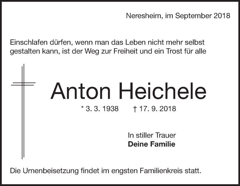  Traueranzeige für Anton Heichele vom 20.09.2018 aus 