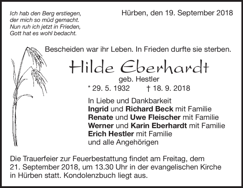  Traueranzeige für Hilde Eberhardt vom 19.09.2018 aus Heidenheimer Zeitung