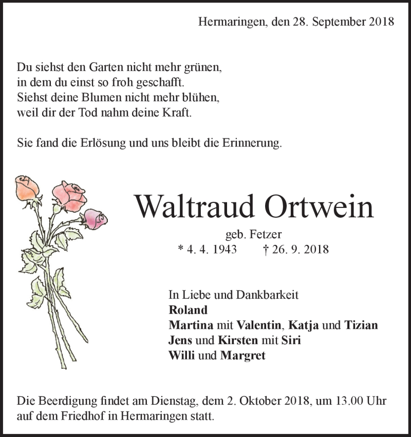  Traueranzeige für Waltraud Ortwein vom 28.09.2018 aus Heidenheimer Zeitung
