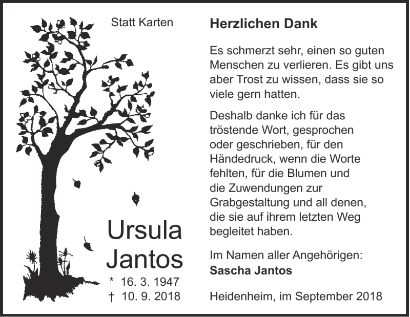  Traueranzeige für Ursula Jantos vom 29.09.2018 aus Heidenheimer Zeitung