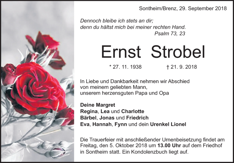  Traueranzeige für Ernst Strobel vom 29.09.2018 aus Heidenheimer Zeitung