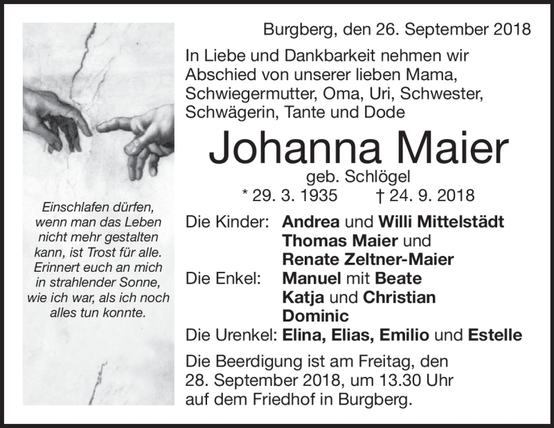  Traueranzeige für Johanna Maier vom 26.09.2018 aus Heidenheimer Zeitung