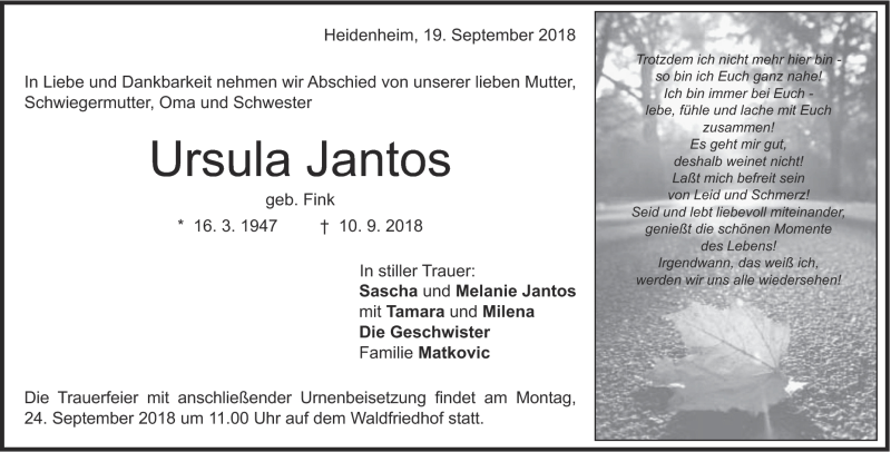  Traueranzeige für Ursula Jantos vom 19.09.2018 aus Heidenheimer Zeitung