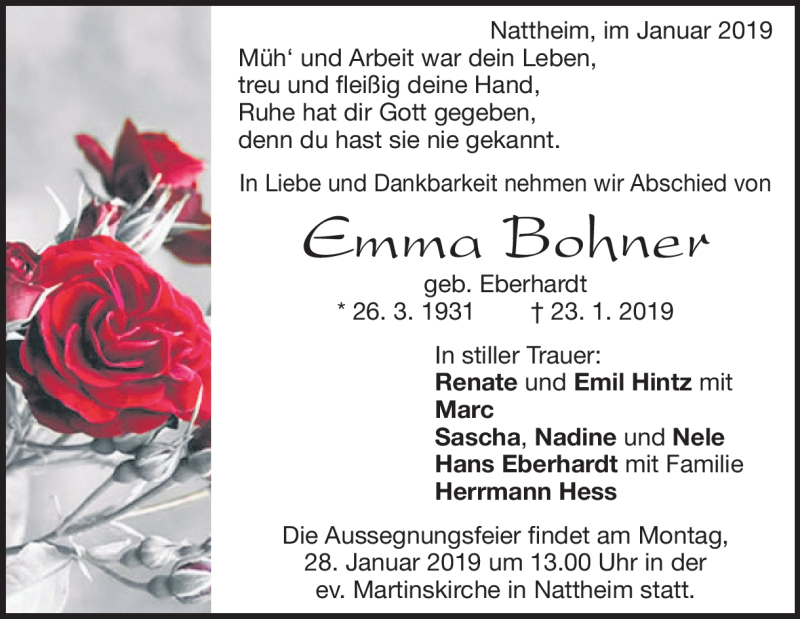  Traueranzeige für Emma Bohner vom 25.01.2019 aus Heidenheimer Zeitung