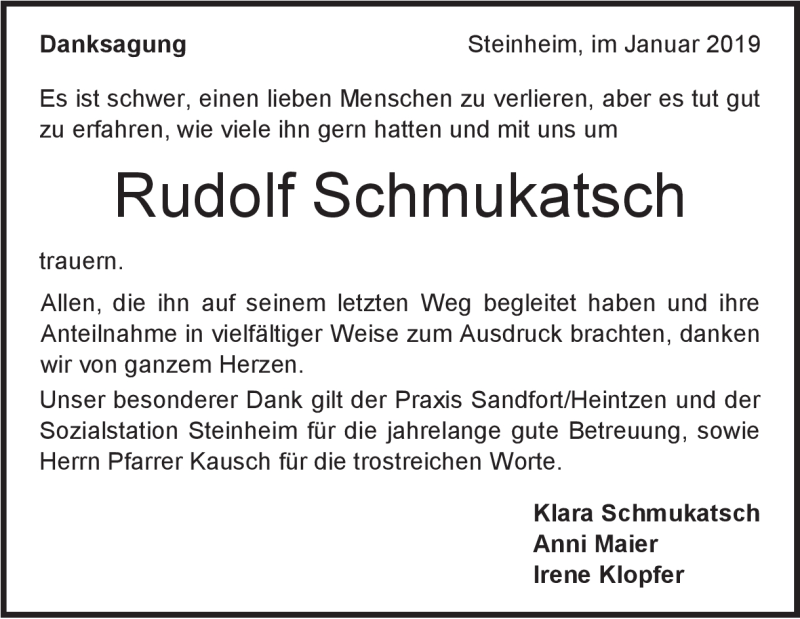  Traueranzeige für Rudolf Schmukatsch vom 12.01.2019 aus Heidenheimer Zeitung