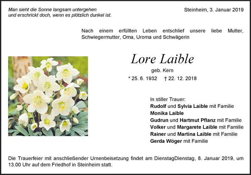  Traueranzeige für Lore Laible vom 03.01.2019 aus Heidenheimer Zeitung