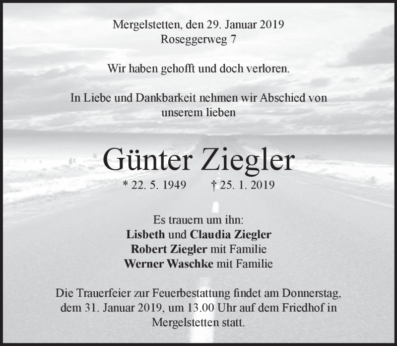  Traueranzeige für Günter Ziegler vom 29.01.2019 aus Heidenheimer Zeitung