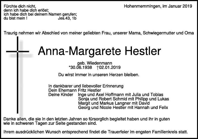  Traueranzeige für Anna-Margarete Hestler vom 14.01.2019 aus Heidenheimer Zeitung
