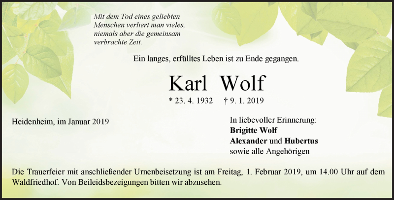 Traueranzeige für Karl Wolf vom 26.01.2019 aus Heidenheimer Zeitung