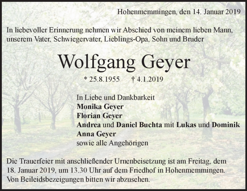  Traueranzeige für Wolfgang Geyer vom 14.01.2019 aus Heidenheimer Zeitung