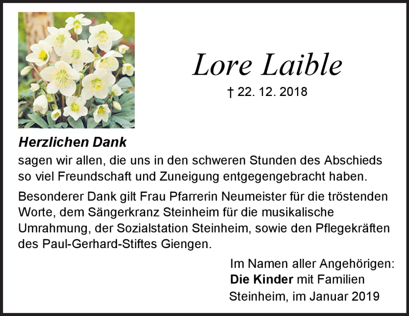  Traueranzeige für Lore Laible vom 17.01.2019 aus Heidenheimer Zeitung