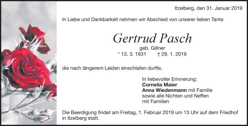  Traueranzeige für Gertrud Pasch vom 31.01.2019 aus Heidenheimer Zeitung