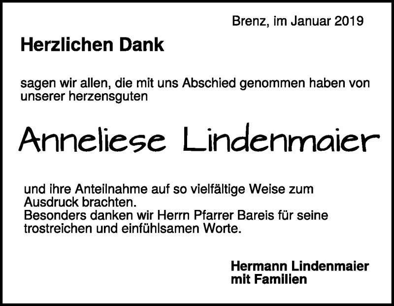  Traueranzeige für Anneliese Lindenmaier vom 23.01.2019 aus Heidenheimer Zeitung