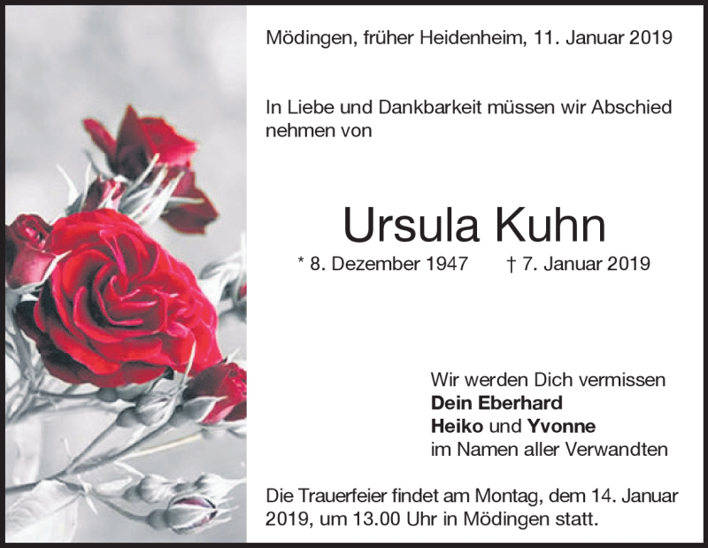  Traueranzeige für Ursula Kuhn vom 11.01.2019 aus Heidenheimer Zeitung