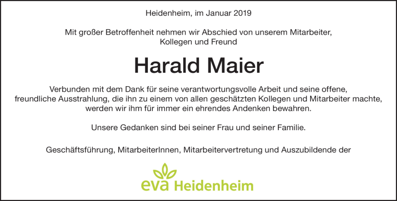  Traueranzeige für Harald Maier vom 15.01.2019 aus Heidenheimer Zeitung