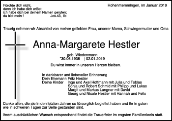 Traueranzeige von Anna-Margarete Hestler von Heidenheimer Zeitung