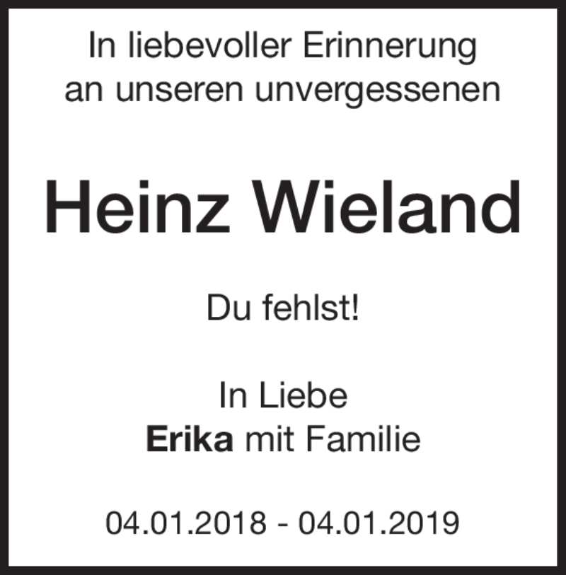  Traueranzeige für Heinz Wieland vom 04.01.2019 aus Heidenheimer Zeitung