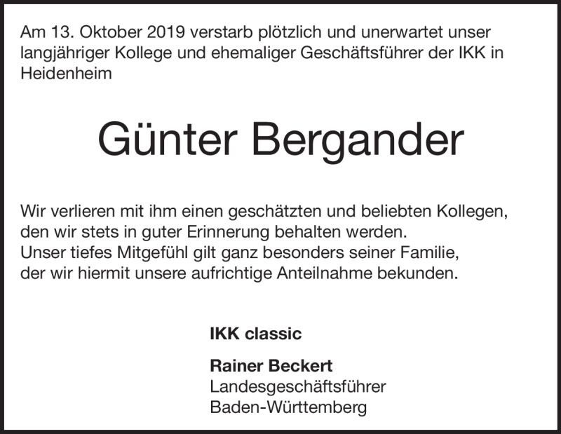  Traueranzeige für Günter Bergander vom 16.10.2019 aus Heidenheimer Zeitung