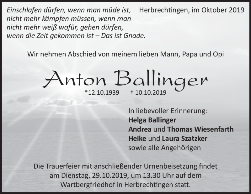  Traueranzeige für Anton Ballinger vom 25.10.2019 aus Heidenheimer Zeitung