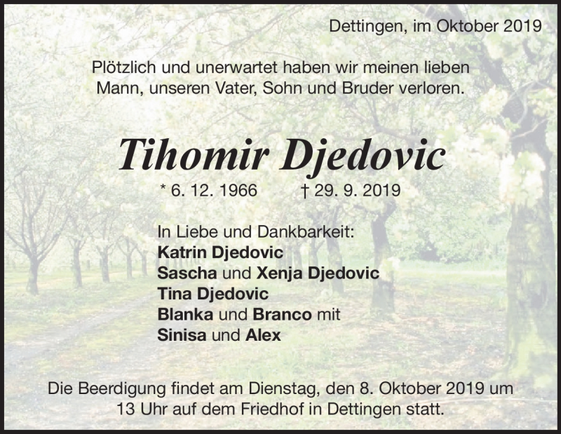  Traueranzeige für Tihomir Djedovic vom 04.10.2019 aus Heidenheimer Zeitung