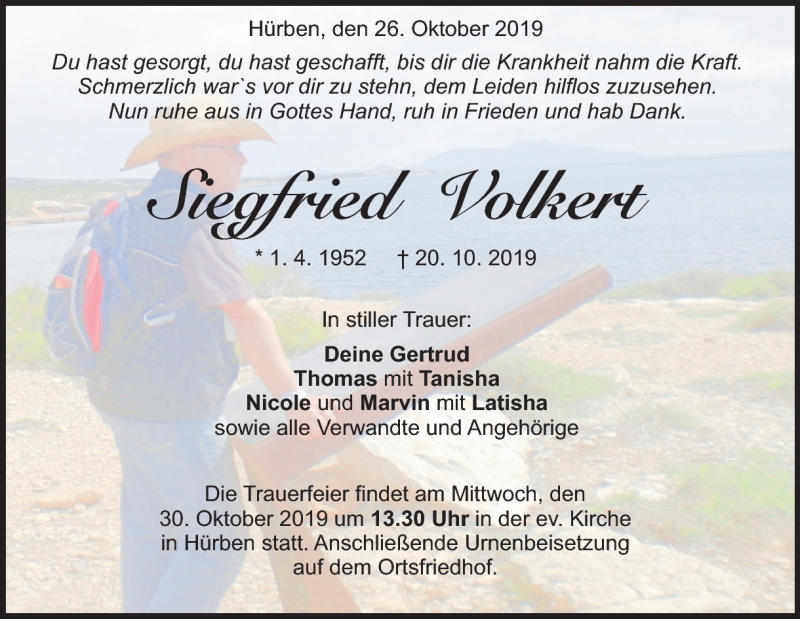  Traueranzeige für Siegfried Volkert vom 26.10.2019 aus Heidenheimer Zeitung