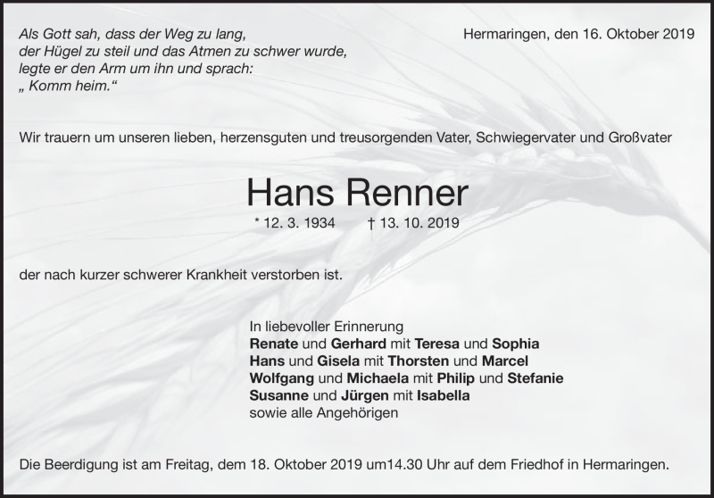  Traueranzeige für Hans Renner vom 16.10.2019 aus Heidenheimer Zeitung