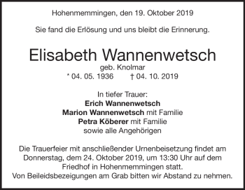 Traueranzeige von Elisabeth Wannenwetsch von Heidenheimer Zeitung