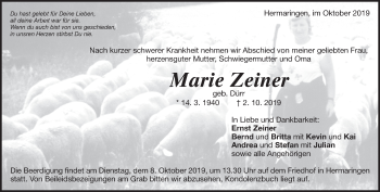 Traueranzeige von Marie Zeiner von Heidenheimer Zeitung