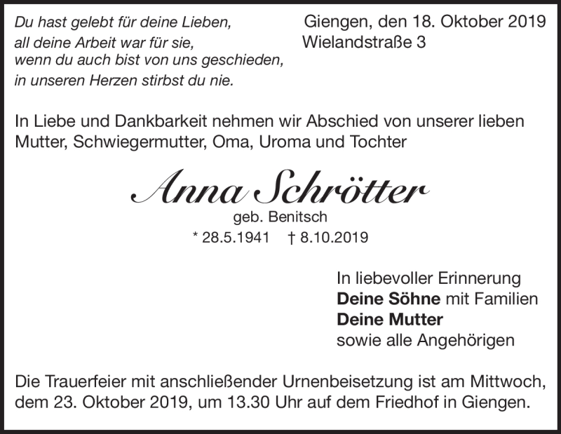  Traueranzeige für Anna Schrötter vom 18.10.2019 aus Heidenheimer Zeitung