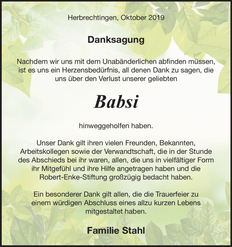  Traueranzeige für Barbara Stahl vom 02.10.2019 aus Heidenheimer Zeitung