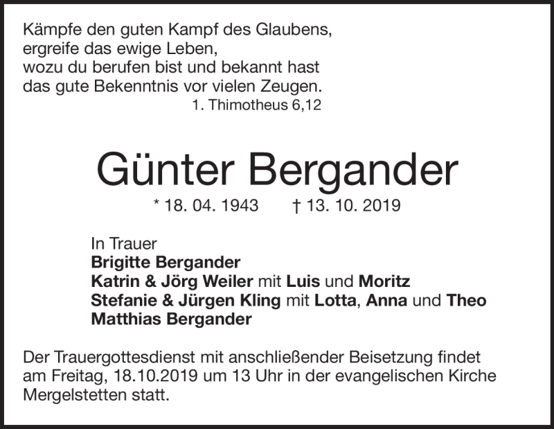  Traueranzeige für Günter Bergander vom 15.10.2019 aus Heidenheimer Zeitung