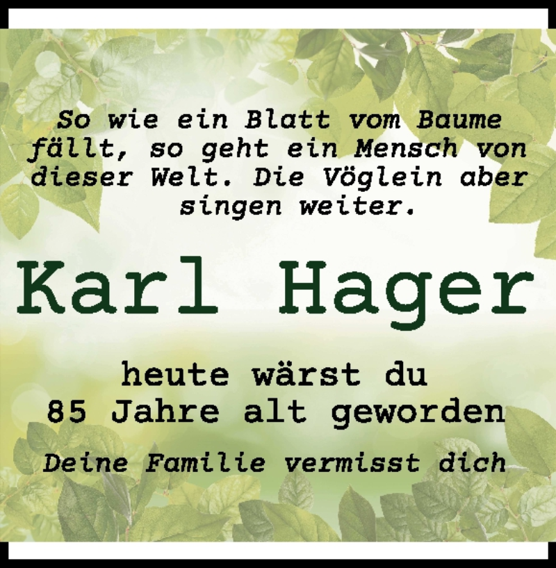  Traueranzeige für Karl Hager vom 30.10.2019 aus Heidenheimer Zeitung