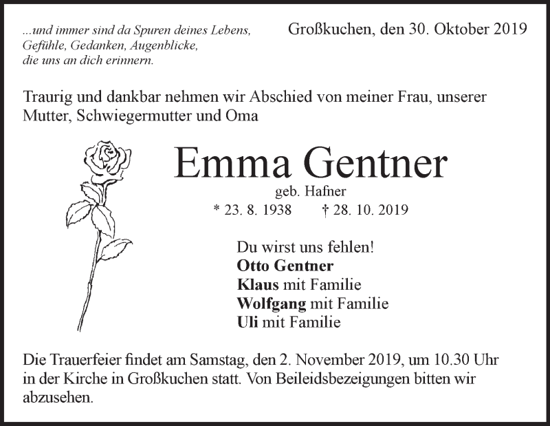  Traueranzeige für Emma Gentner vom 30.10.2019 aus Heidenheimer Zeitung