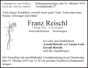 Traueranzeige von Franz Reischl von Heidenheimer Zeitung