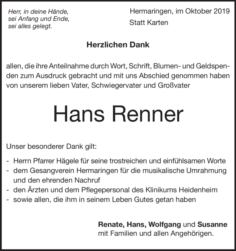  Traueranzeige für Hans Renner vom 31.10.2019 aus Heidenheimer Zeitung