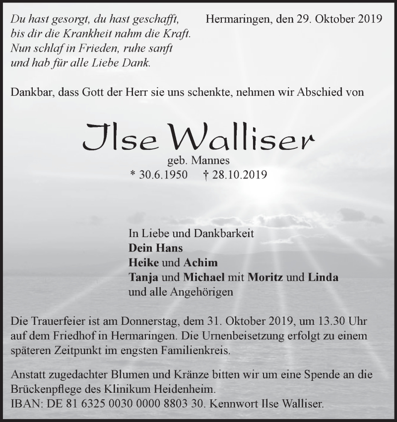  Traueranzeige für Ilse Walliser vom 29.10.2019 aus Heidenheimer Zeitung