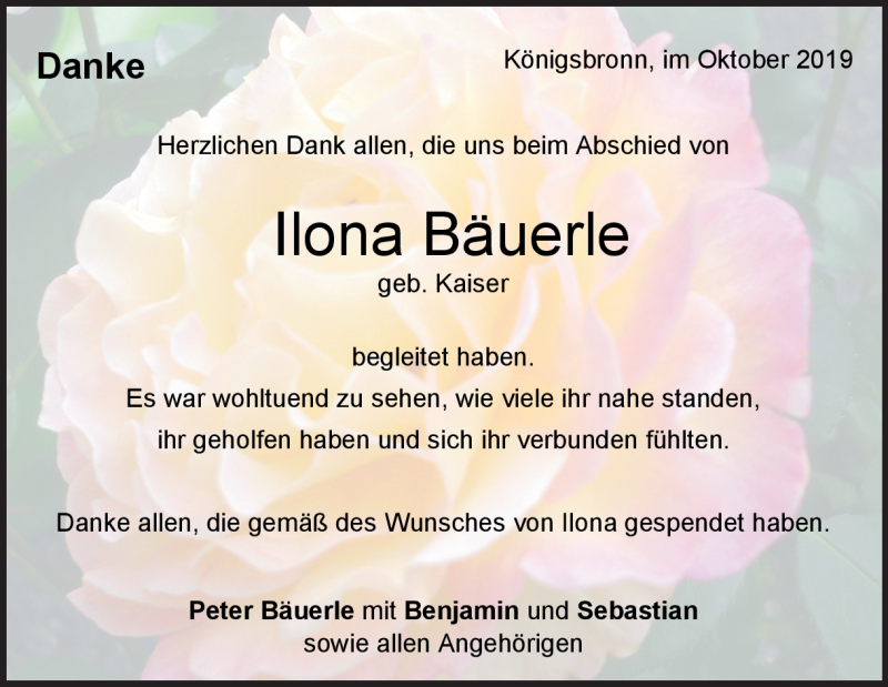  Traueranzeige für Ilona Bäuerle vom 02.10.2019 aus Heidenheimer Zeitung
