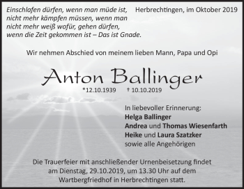 Traueranzeige von Anton Ballinger von Heidenheimer Zeitung