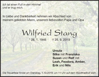 Traueranzeige von Wilfried Stang von Heidenheimer Zeitung