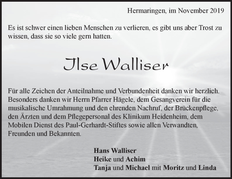 Traueranzeige für Ilse Walliser vom 14.11.2019 aus Heidenheimer Zeitung